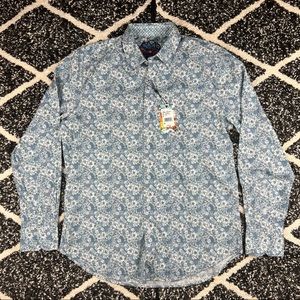 Robert Graham Shirt Mens White Blue Geometric Floral Long Sleeve NWT Medium